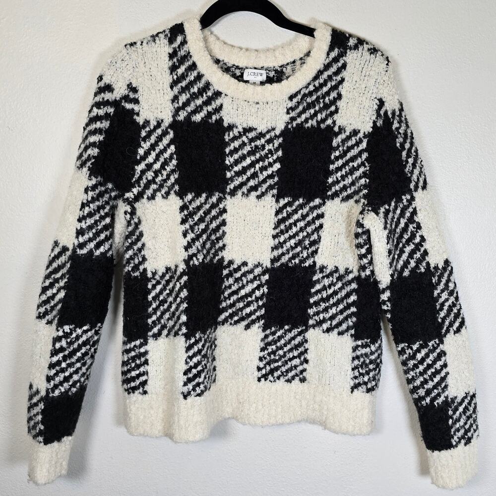 J Crew Boucle Buffalo Check Sweater Women's M Wool Alpaca Blend Preppy Heritage